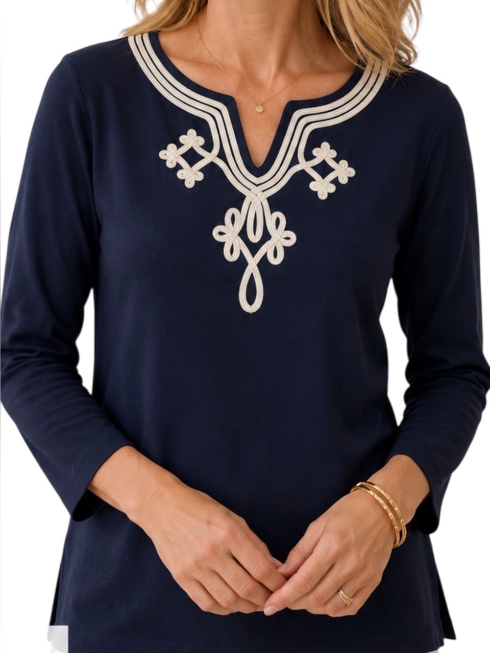 Talbots Navy & White Stretch Long Sleeve Top with Side Slits Size S Small